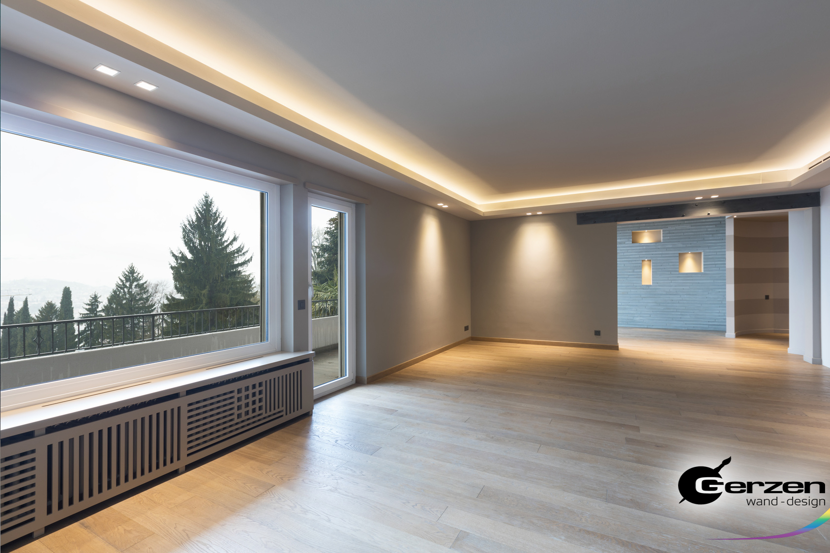 Abgehängte Decke In Einem Modernen Wohnzimmer, Wandnischen Mit throughout Wohnzimmer Indirekte Beleuchtung Decke