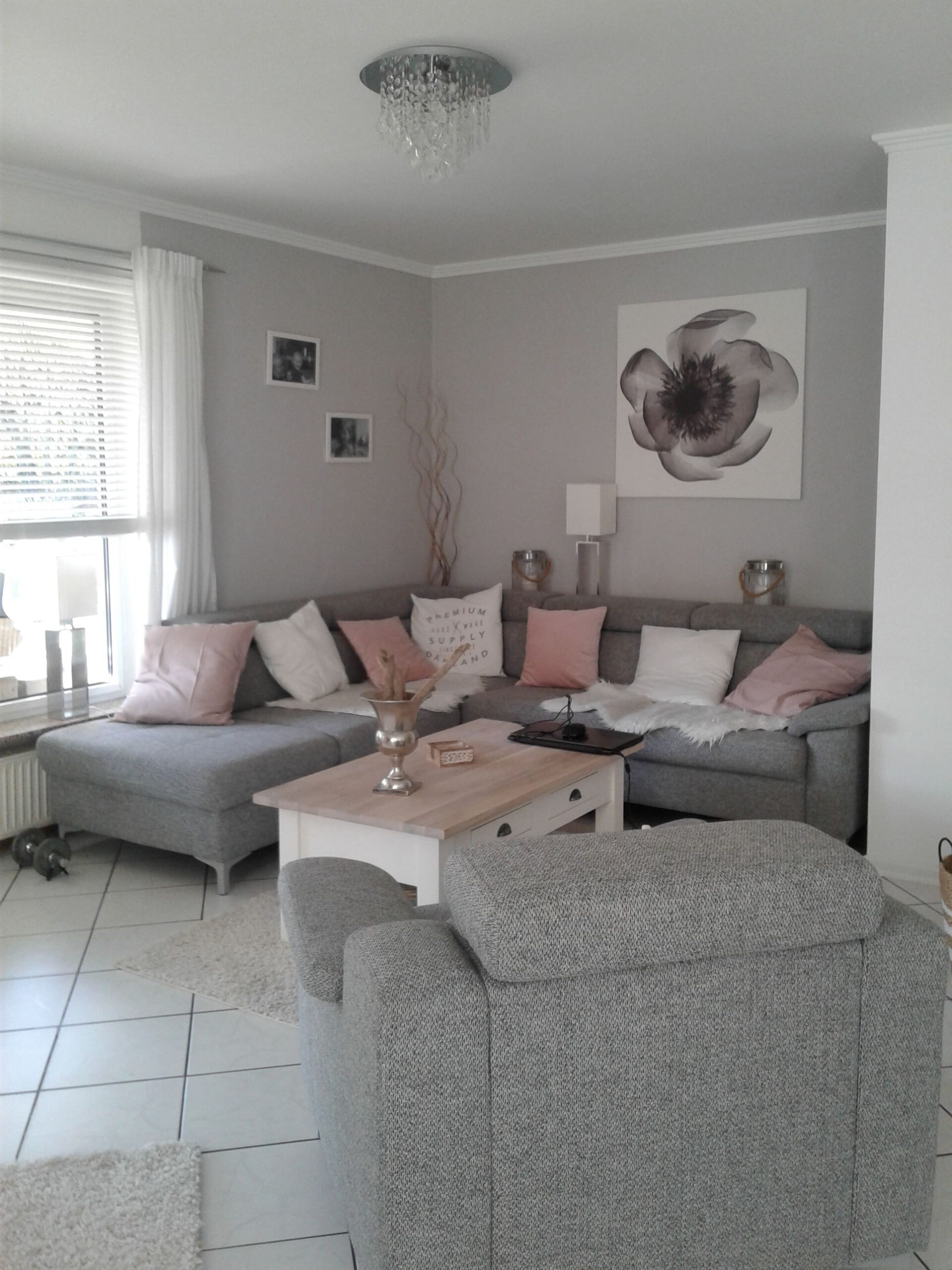 Wohnzimmer In Grau- Weiß Und Farbtupfer In Matt Rosa | Living Room regarding Rosa Deko Wohnzimmer