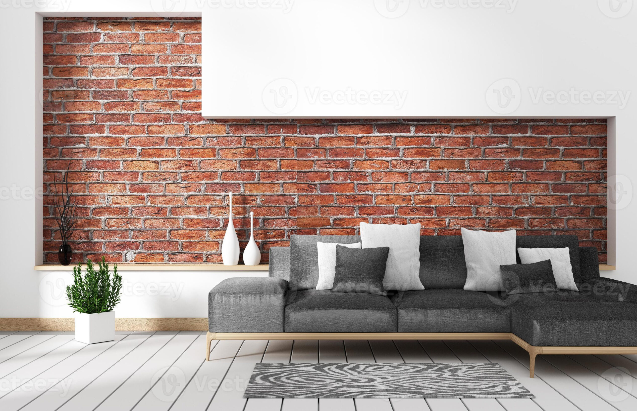 Wohnzimmer-Loft-Interieur Mit Sofa Und Wandmuster Ziegel In Weißer throughout Wandmuster Wohnzimmer