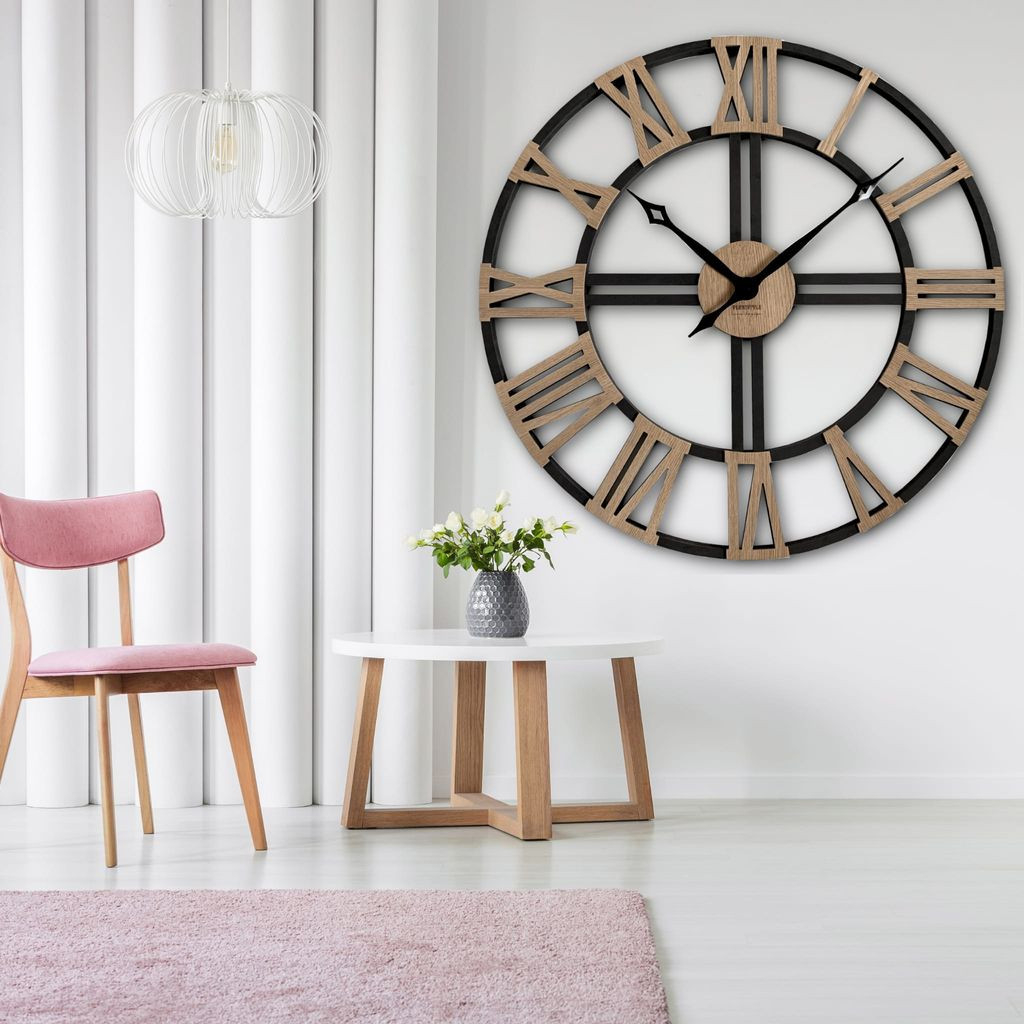 Groß Wanduhr Xxl Ohne Tickgeräusche Loft Grande Schwarz Und Eiche Holz  Holzoptik 80Cm Durchmesser Römische Zahlen Wohnzimmer Schlafzimmer throughout Wanduhren Wohnzimmer Xxl