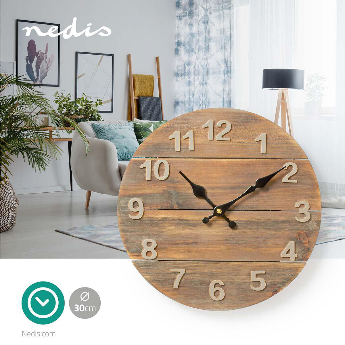 Nedis 30 Cm Wanduhr Aus Holz Design Retro Rustikal Große Zahlen Wohnzimmer  Uhr inside Wanduhr Wohnzimmer Holz